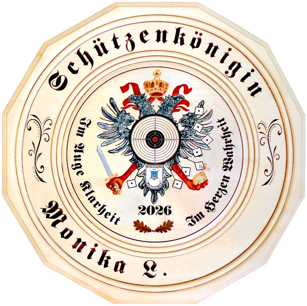 Königsscheibe mit dem Doppelkopf-Adler, Eichenlaub und den Leitsätzen „Im Auge Klarheit“ und „Im Herzen Wahrheit“