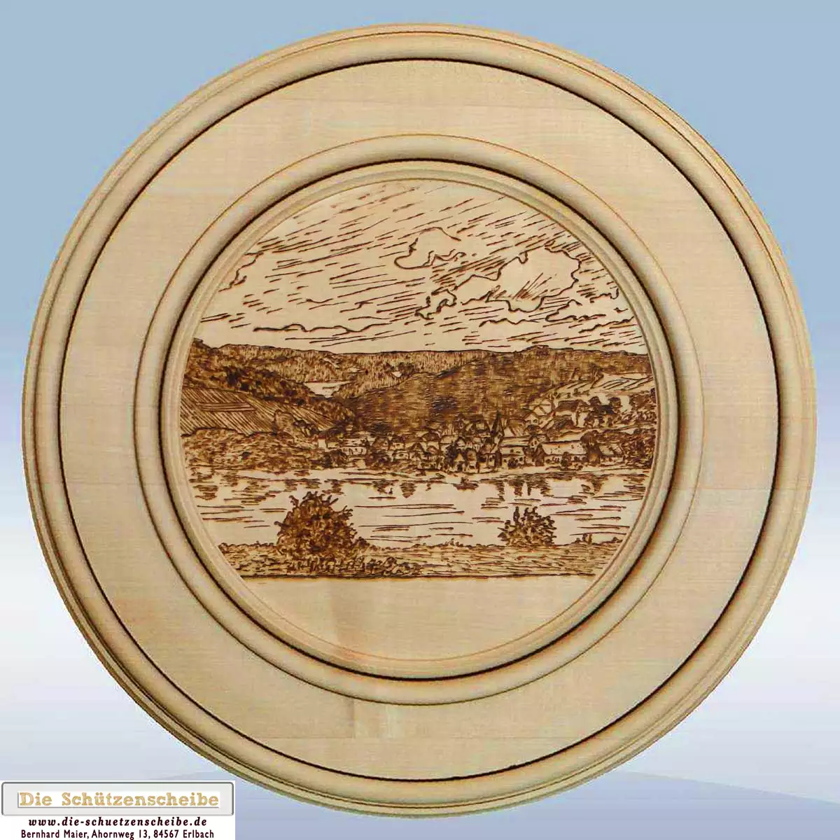 Schützenscheibe mit einer Landschaft als Kupferstich Schützenscheibe mit einer Landschaft als Kupferstich